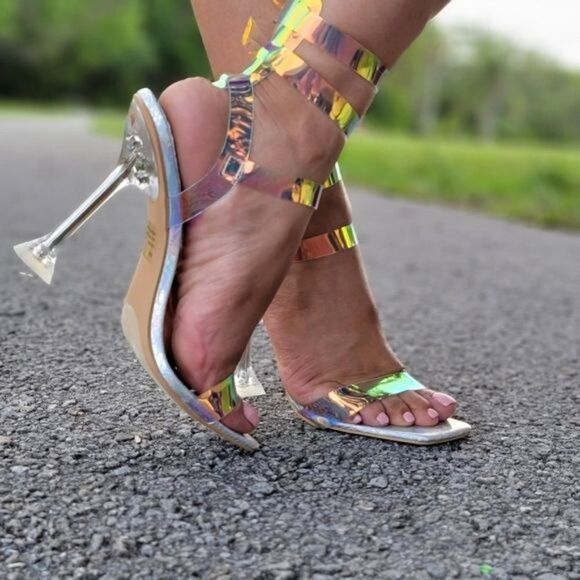 Sandal Heel Hologram Open Toe Toe Strappy Pumps - Picture 6 of 6